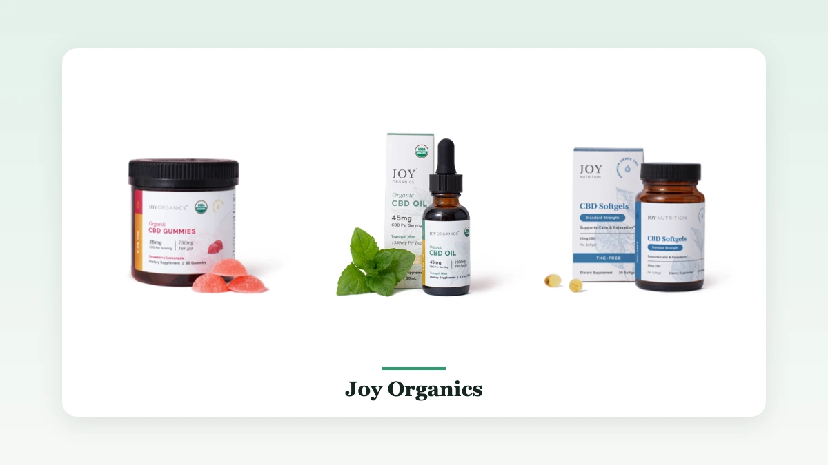 Joy Organics gummies, Tranquil Mint tincture and softgels
