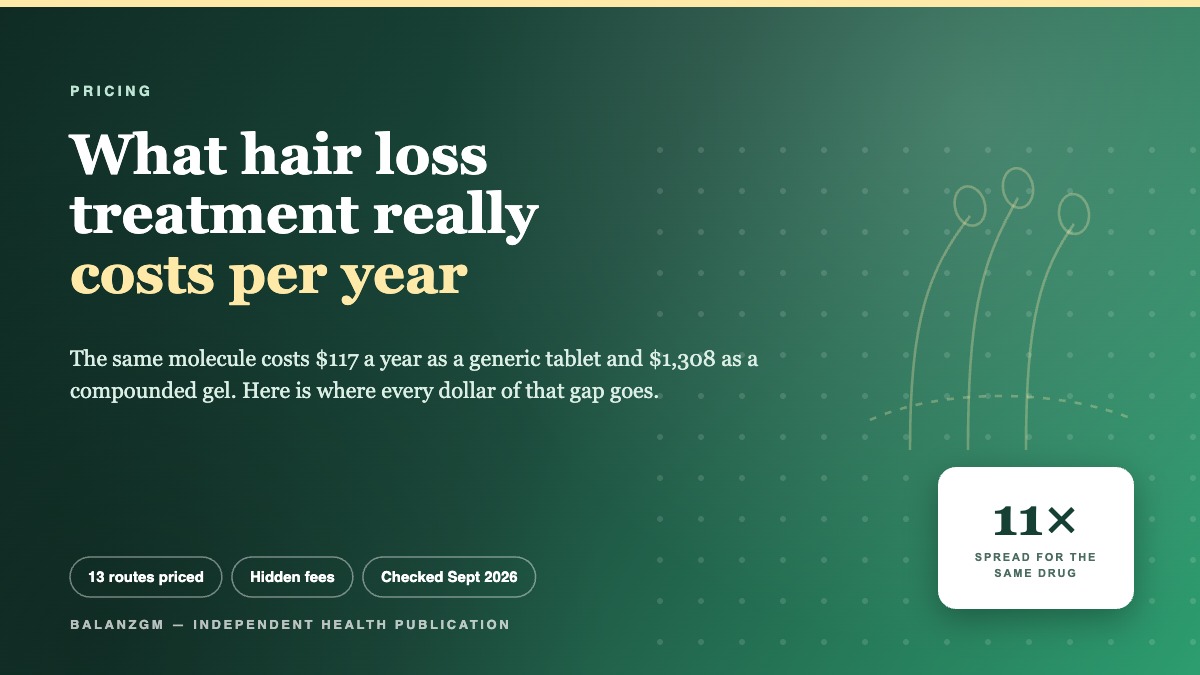Cover: hair loss treatment costs from $117 to $1,308 per year for the same active ingredient