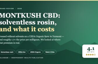 MONTKUSH CBD review cover: solventless rosin, CBDa, USDA Organic Vermont hemp, rated 4.1 out of 5 by BalanzGM