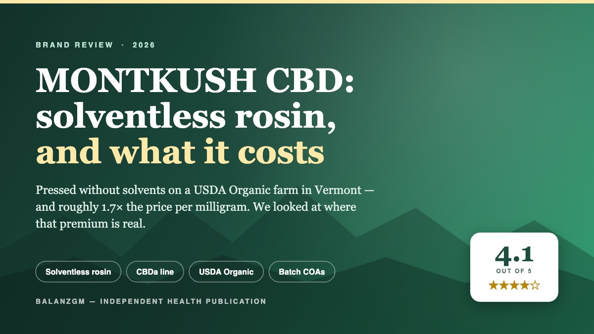 MONTKUSH CBD review cover: solventless rosin, CBDa, USDA Organic Vermont hemp, rated 4.1 out of 5 by BalanzGM